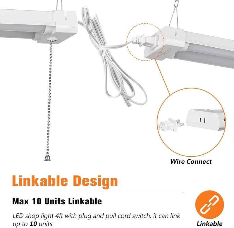 OOOLED 4FT Linkable LED Shop Light for Garages, 42W 4800LM 5000K Daylight Led Shop Lights, Ceiling Light with Pull Chain (ON/Off), Linear Worklight Fixture with Plug, 2 Pack - Image 3